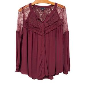American Eagle Lace Yoke Button Front Boho Blouse Long Sleeve Burgundy Large